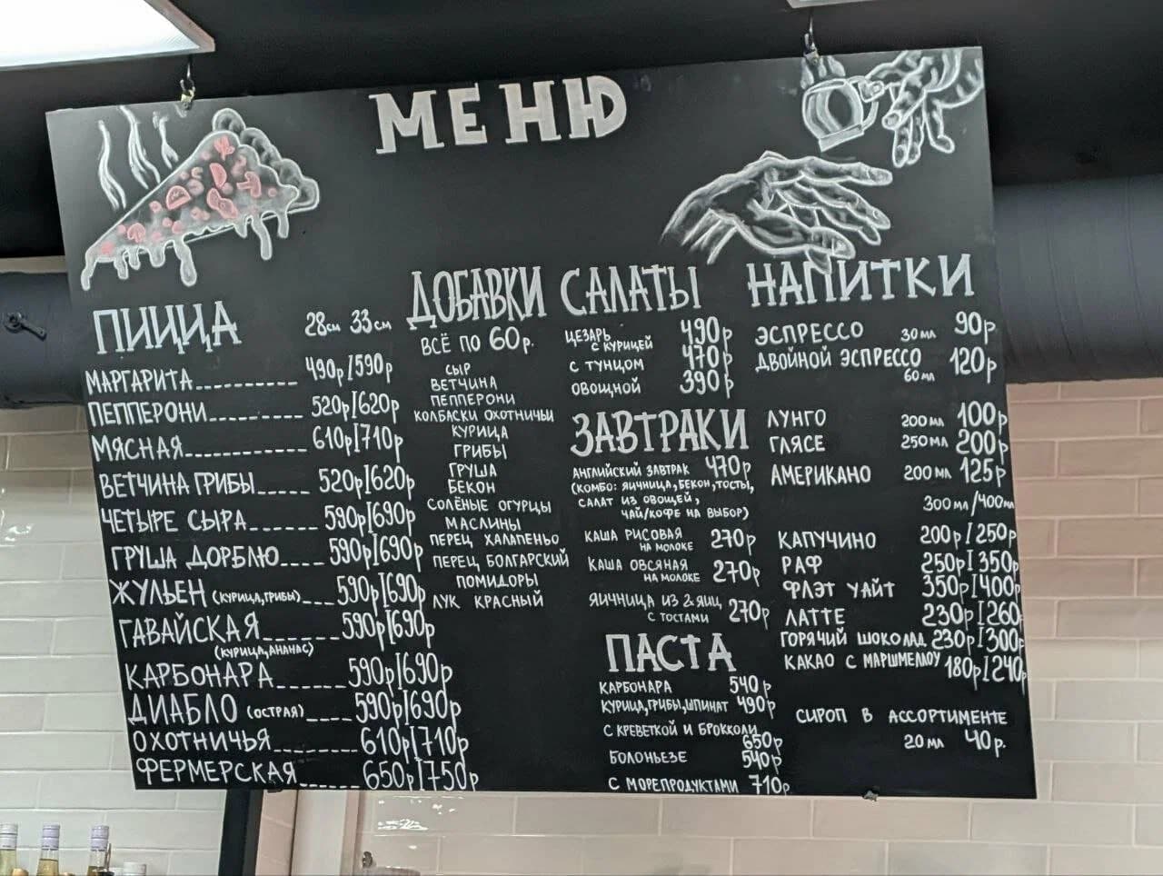 Рисованные иллюстрации мелом на доске меню — кусок пиццы и руки в стиле «Сотворения Адама»